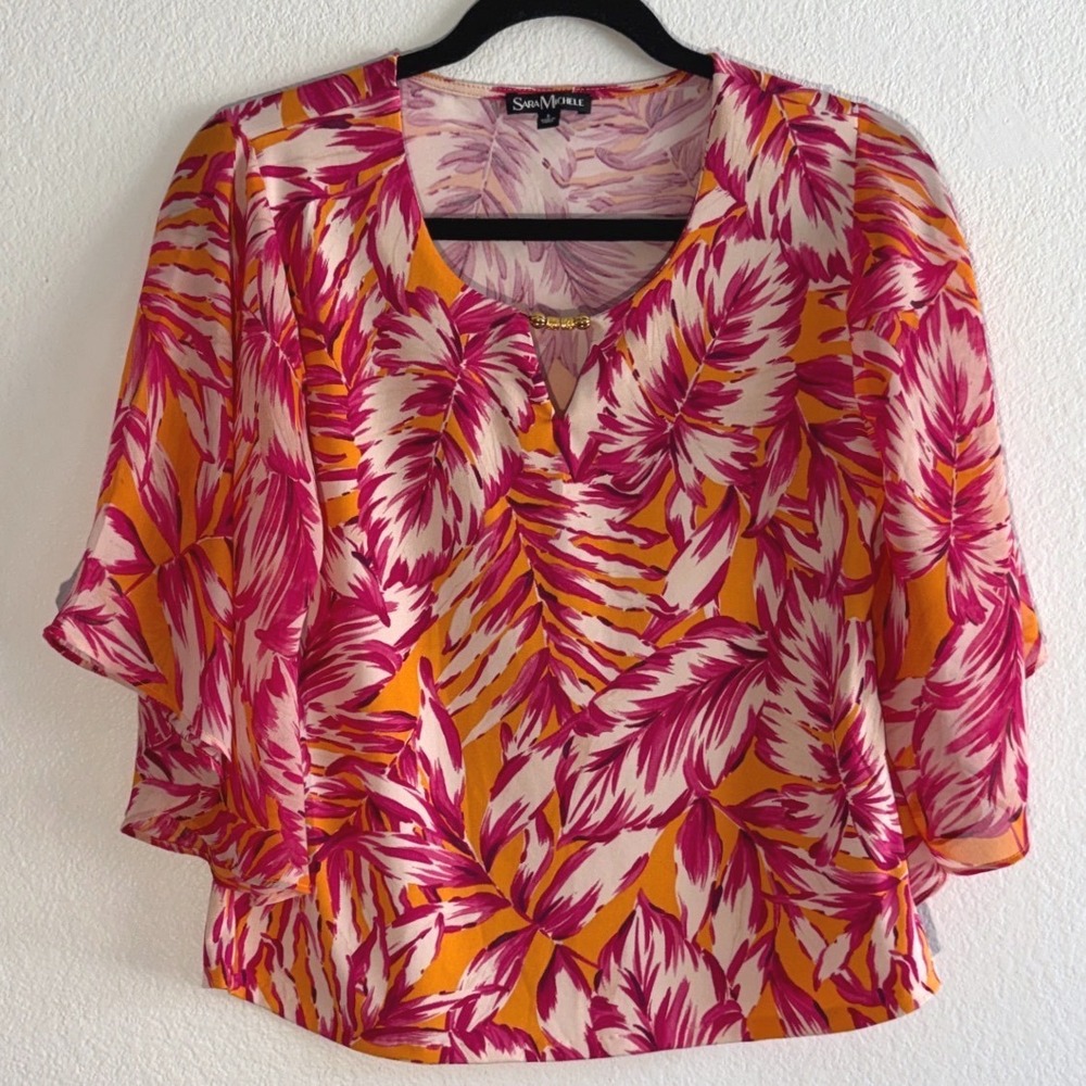 Sara Michele Pink Orange Tropical Palm Leaf Flutter Sleeve V-Neck Blouse Small